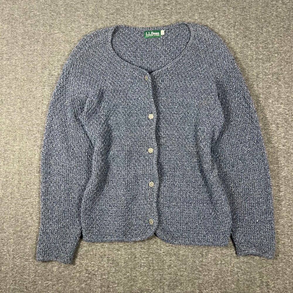Vintage 90s LL Bean Knit Cardigan Sweater Women Large Blue Gorpcore Made USA